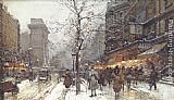 Eugene Galien-laloue Canvas Paintings - A Busy Boulavard Under Snow at Porte St. Martin, Paris